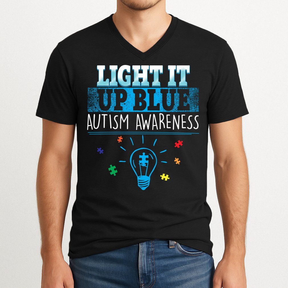 Light It Up Blue Autism Puzzle Bulb V-Neck T-Shirt