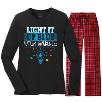 Light It Up Blue Autism Puzzle Bulb Women's Long Sleeve Flannel Pajama Set 