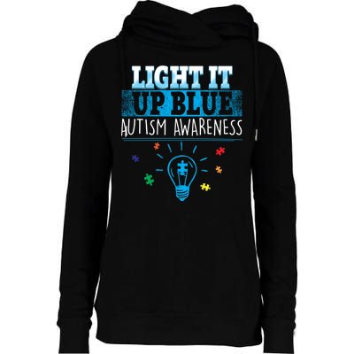 Light It Up Blue Autism Puzzle Bulb Womens Funnel Neck Pullover Hood