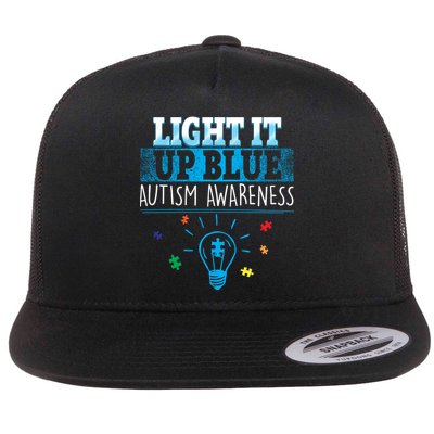 Light It Up Blue Autism Puzzle Bulb Flat Bill Trucker Hat