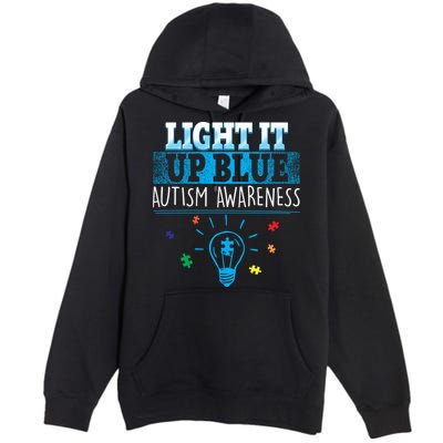 Light It Up Blue Autism Puzzle Bulb Premium Pullover Hoodie