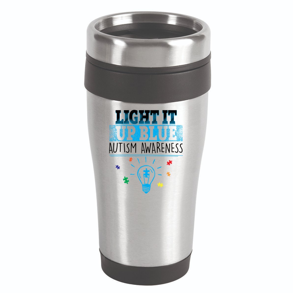 Light It Up Blue Autism Puzzle Bulb 16oz Travel Tumbler