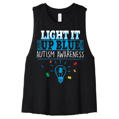 Light It Up Blue Autism Puzzle Bulb Women's Racerback Cropped Tank