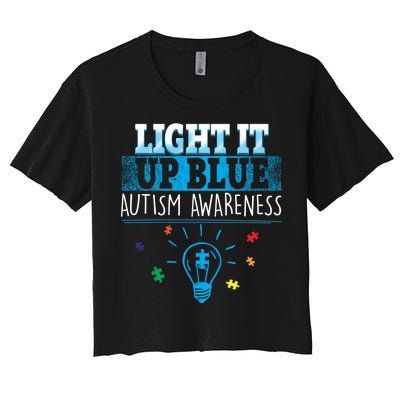 Light It Up Blue Autism Puzzle Bulb Women's Crop Top Tee