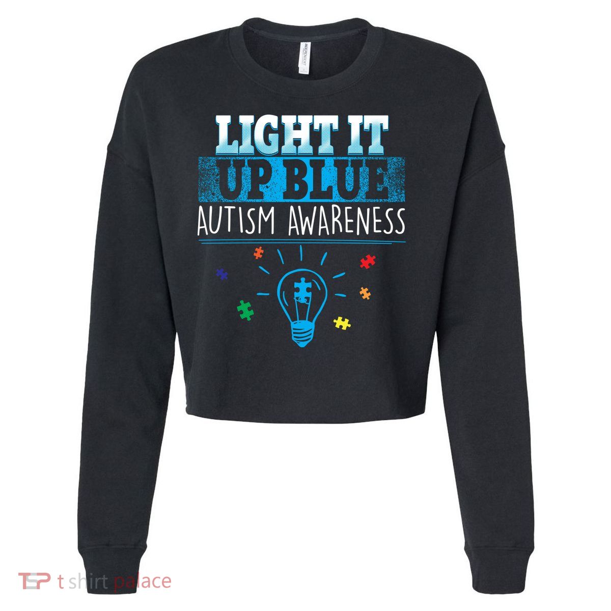 Light It Up Blue Autism Puzzle Bulb Cropped Pullover Crew