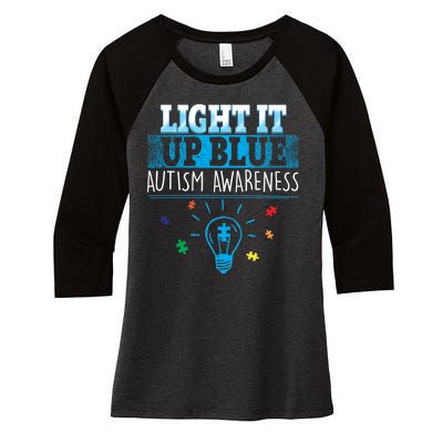 Light It Up Blue Autism Puzzle Bulb Women's Tri-Blend 3/4-Sleeve Raglan Shirt