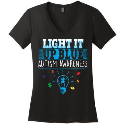 Light It Up Blue Autism Puzzle Bulb Women's V-Neck T-Shirt