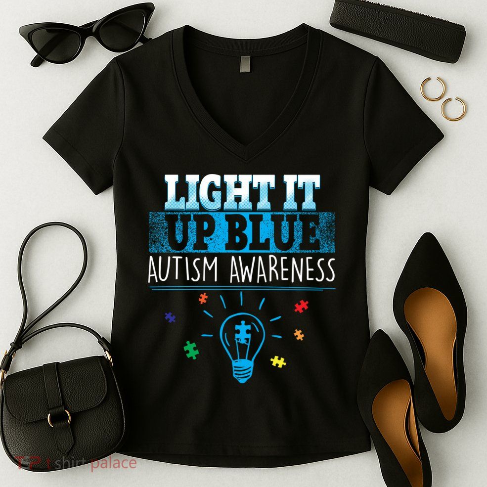 Light It Up Blue Autism Puzzle Bulb Women's V-Neck T-Shirt
