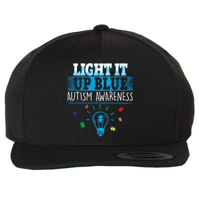 Light It Up Blue Autism Puzzle Bulb Wool Snapback Cap