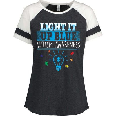 Light It Up Blue Autism Puzzle Bulb Enza Ladies Jersey Colorblock Tee