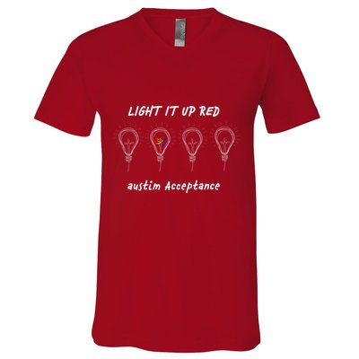 Light It Up Red Autism Acceptance V-Neck T-Shirt