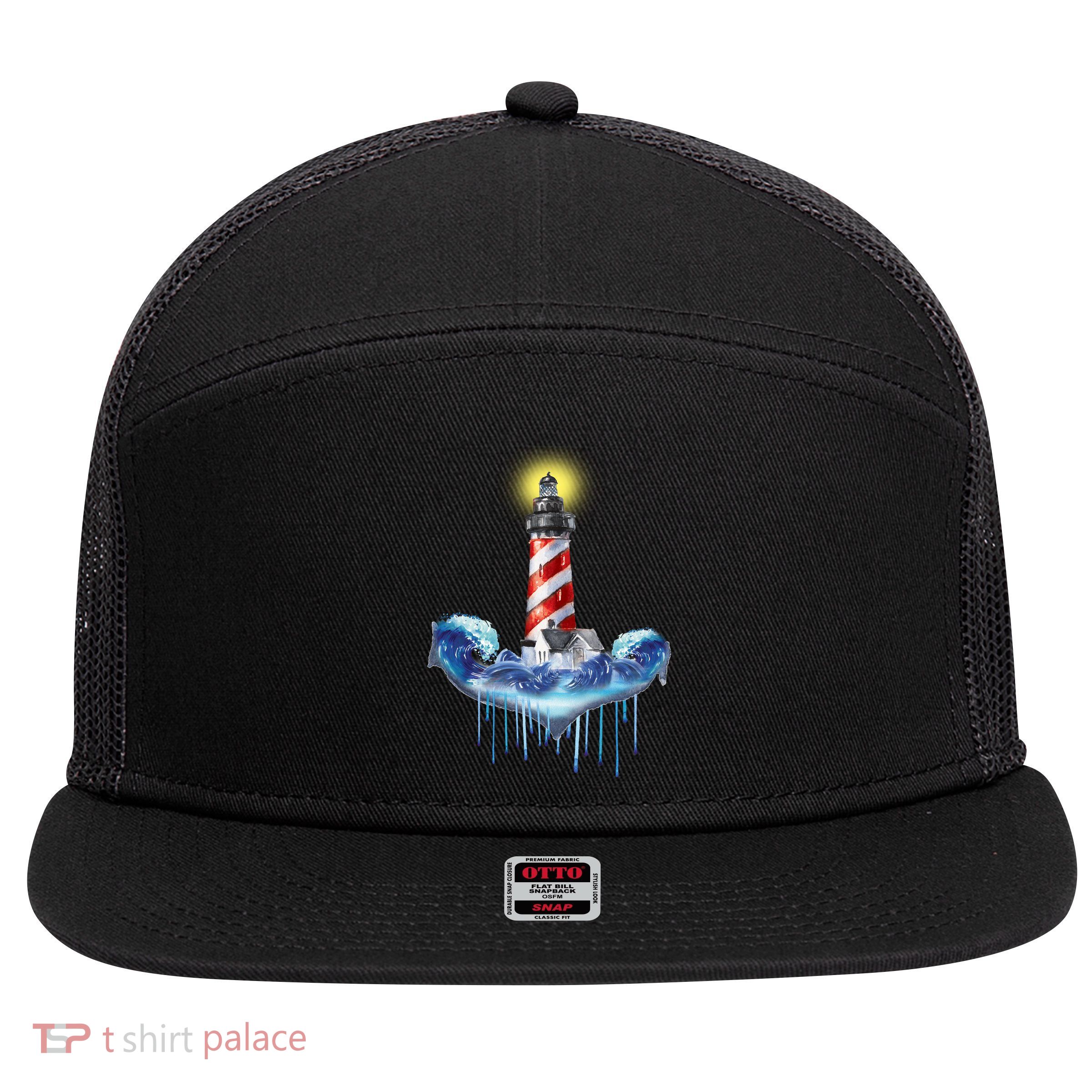 Lighthouse Anchor Water Color 7 Panel Mesh Trucker Snapback Hat