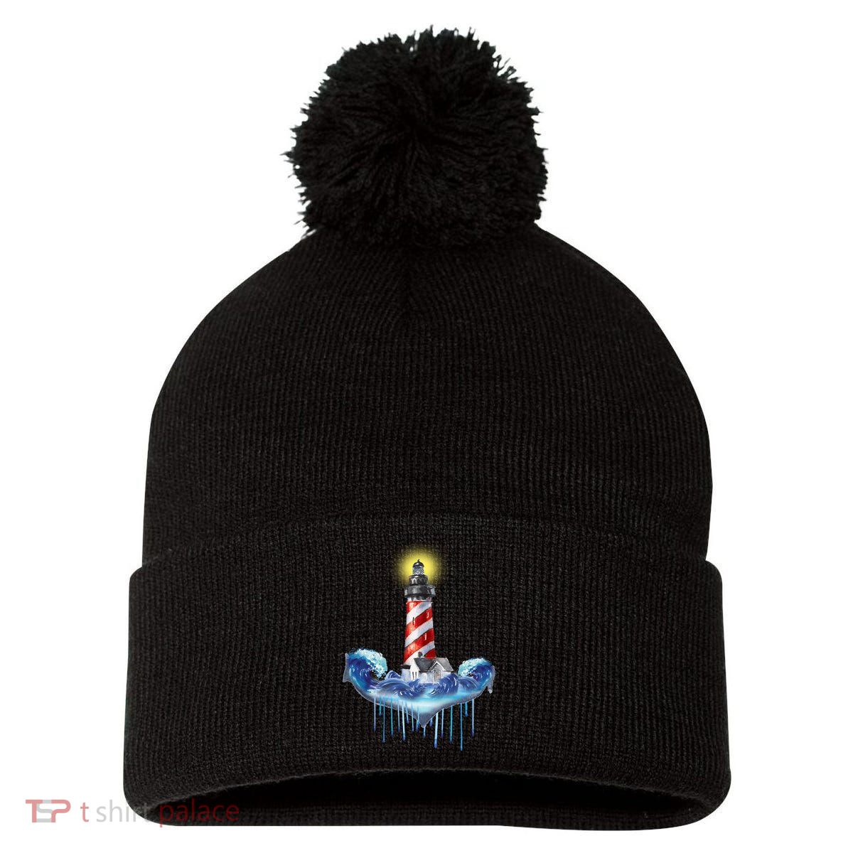 Lighthouse Anchor Water Color Pom Pom 12in Knit Beanie