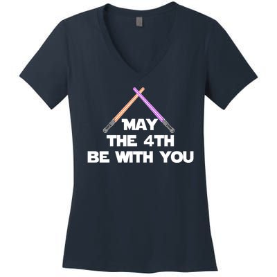 Lightsaber May The 4th Be With You Funny Women's V-Neck T-Shirt