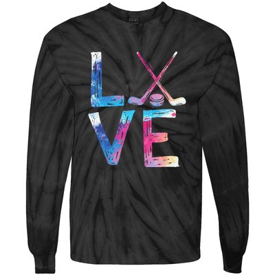 Love Ice Hockey Girls Hockey Gifts Women Ice Hockey Tie-Dye Long Sleeve Shirt