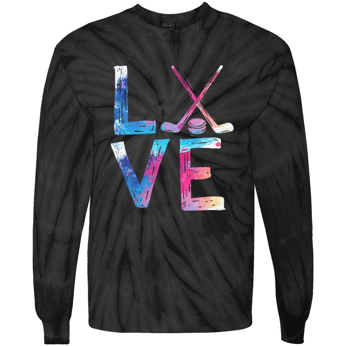 Love Ice Hockey Girls Hockey Gifts Women Ice Hockey Tie-Dye Long Sleeve Shirt