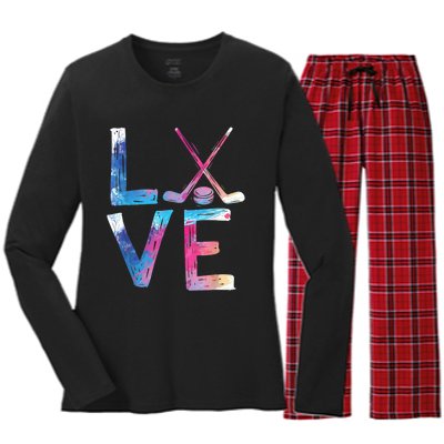 Love Ice Hockey Girls Hockey Gifts Womens Ice Hockey TShirt Women's Long Sleeve Flannel Pajama Set 