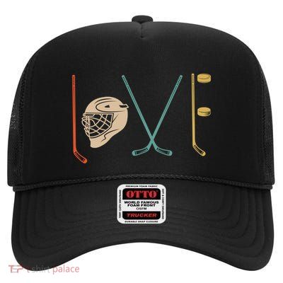 Love Ice Hockey Retro Hockey Sticks Gift High Crown Mesh Back Trucker Hat