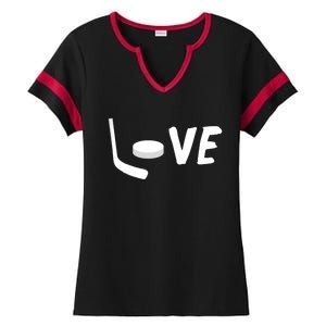 Love Is Hockey Love Hockey Stick And Puck Funny Gift Ladies Halftime Notch Neck Tee