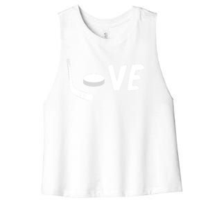 Love Is Hockey Love Hockey Stick And Puck Funny Gift Women's Racerback Cropped Tank