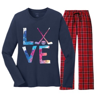 Love Ice Hockey Gifts Womens Ice Hockey Women's Long Sleeve Flannel Pajama Set 