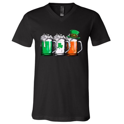 Leprechaun Irish Ireland Flag Beer St Patricks Day V-Neck T-Shirt