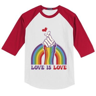 Love Is Love Lgbtq Pride Rainbow And Skeleton Hand Sign Meaningful Gift Kids Colorblock Raglan Jersey