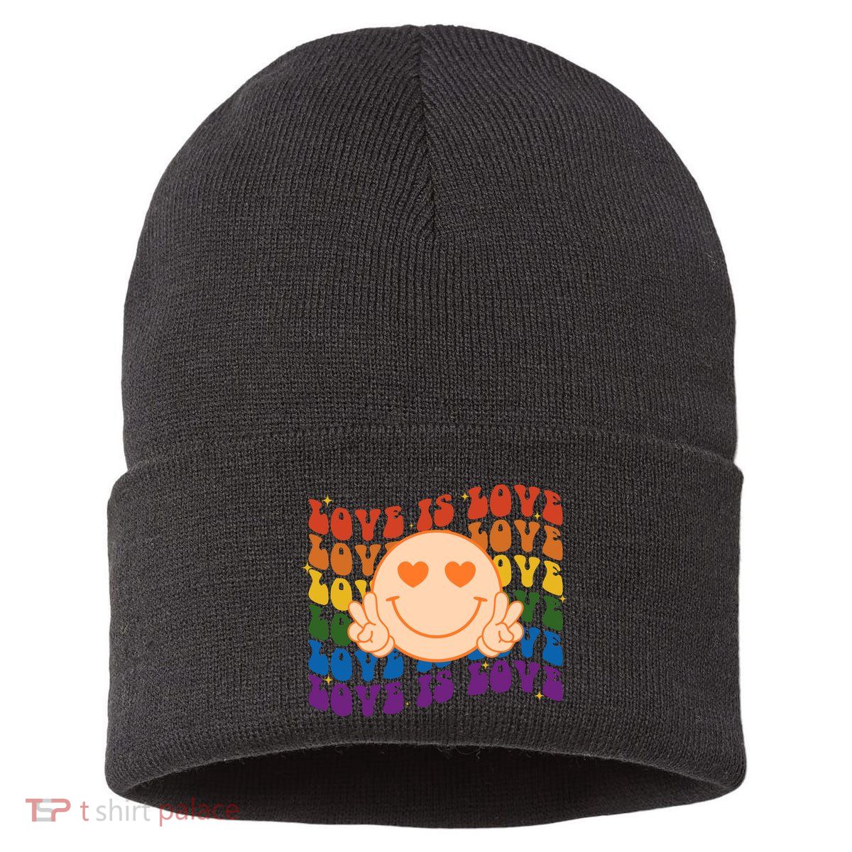 Love Is Love Colorful Hippie Smile Peace Sustainable Knit Beanie
