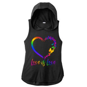 Love Is Love Rainbow Butterfly Heart Ladies PosiCharge Tri-Blend Wicking Draft Hoodie Tank