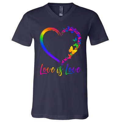 Love Is Love Rainbow Butterfly Heart V-Neck T-Shirt