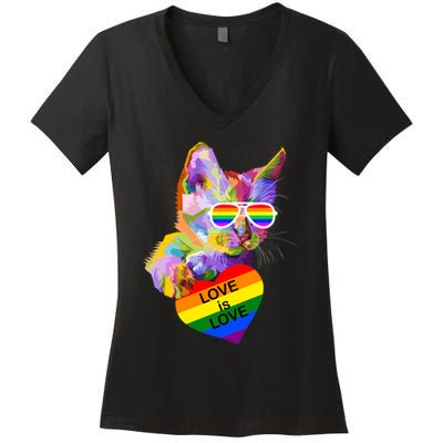 Love Is Love Retro Cat Pride Month Women's V-Neck T-Shirt