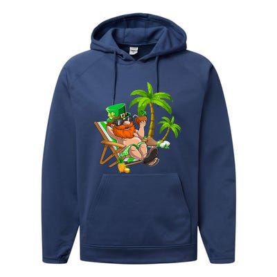 Lucky Irish Leprechaun Hawaiian Surfing St Patrick Day Retro Gift Performance Fleece Hoodie