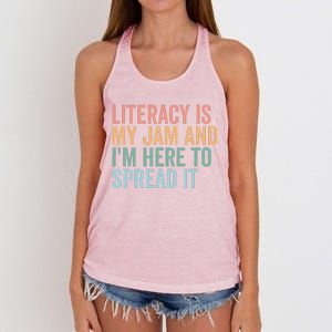 Literacy Is My Jam And IM Here To Spread Literacy Teacher Women's Knotted Racerback Tank