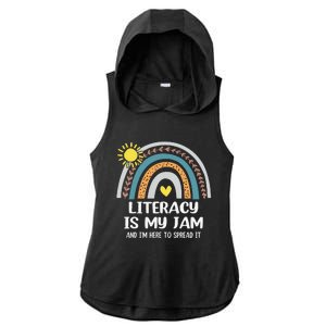 Literacy Is My Jam Literacy Teacher Reading Interventionist Ladies PosiCharge Tri-Blend Wicking Draft Hoodie Tank