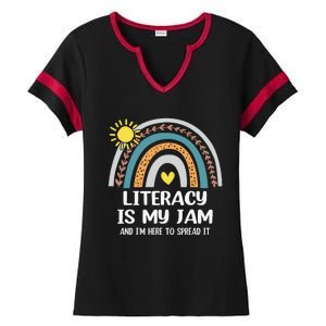 Literacy Is My Jam Literacy Teacher Reading Interventionist Ladies Halftime Notch Neck Tee