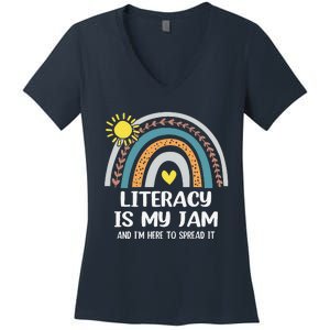 Literacy Is My Jam Literacy Teacher Reading Interventionist Women's V-Neck T-Shirt