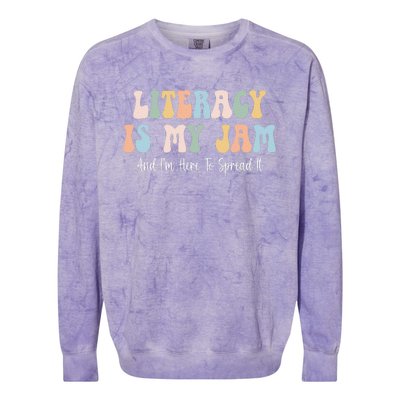 Literacy Is My Jam Reading Interventionist Literacy Teacher Colorblast Crewneck Sweatshirt