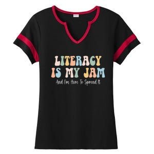 Literacy Is My Jam Reading Interventionist Literacy Teacher Ladies Halftime Notch Neck Tee