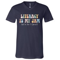 Literacy Is My Jam Reading Interventionist Literacy Teacher V-Neck T-Shirt