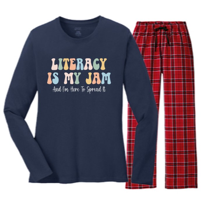 Literacy Is My Jam Reading Interventionist Literacy Teacher Women's Long Sleeve Flannel Pajama Set 