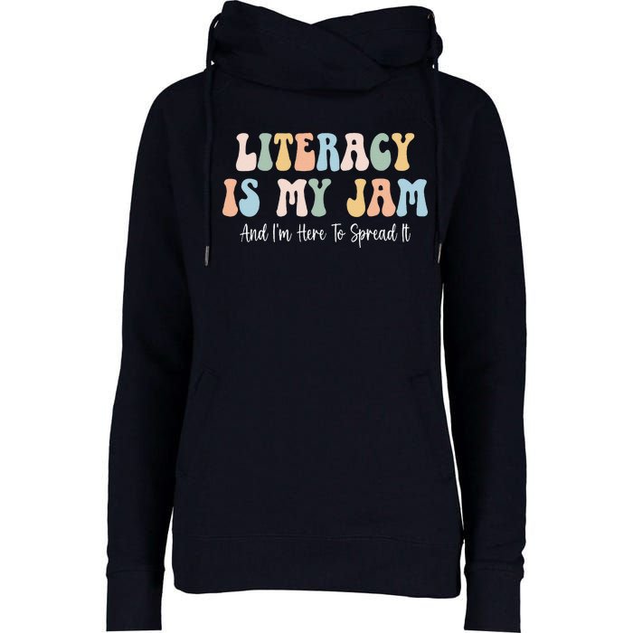 Literacy Is My Jam Reading Interventionist Literacy Teacher Womens Funnel Neck Pullover Hood