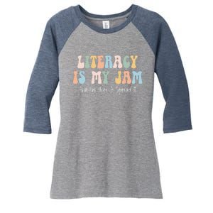 Literacy Is My Jam Reading Interventionist Literacy Teacher Women's Tri-Blend 3/4-Sleeve Raglan Shirt