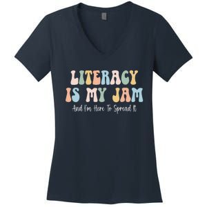 Literacy Is My Jam Reading Interventionist Literacy Teacher Women's V-Neck T-Shirt