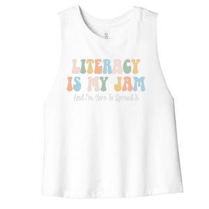 Literacy Is My Jam Reading Interventionist Literacy Teacher Women's Racerback Cropped Tank