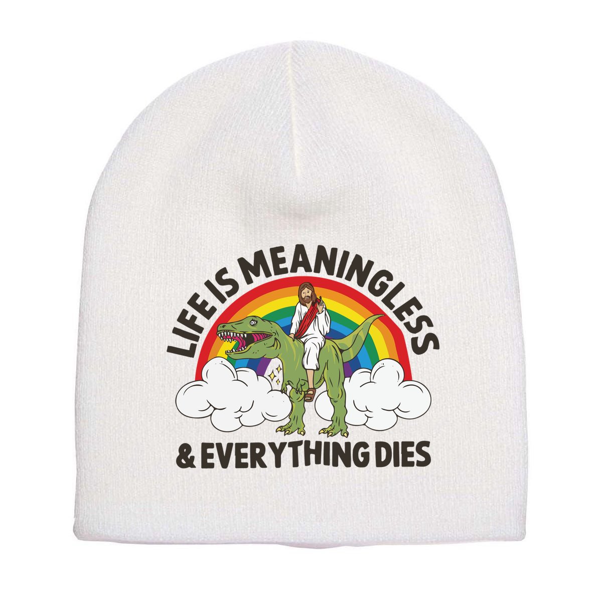 Life Is Meaningless And Everything Dies Jesus Riding Dinosaur Short Acrylic Beanie