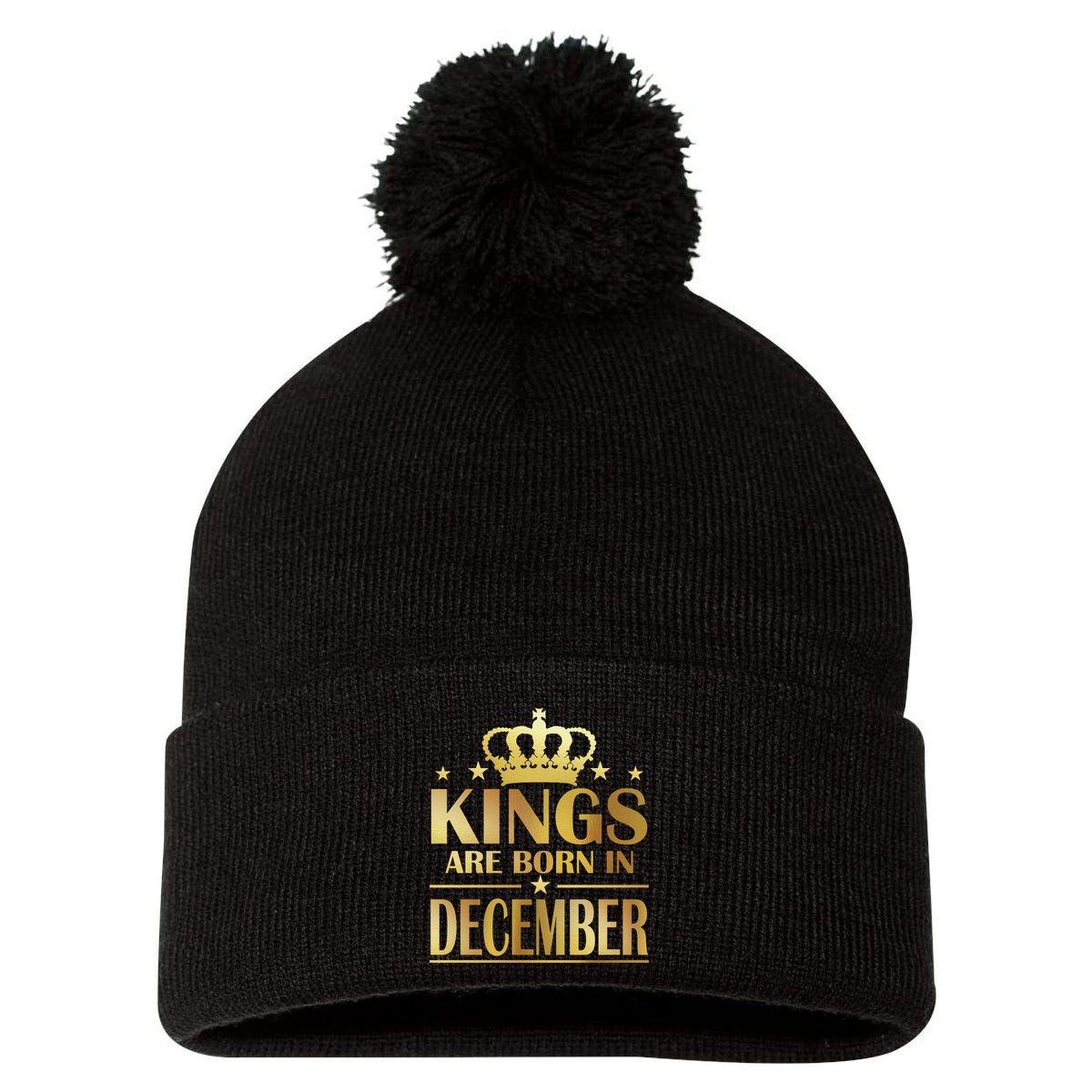 Limited Edition Kings Are Born in December Gold Print Pom Pom 12in Knit Beanie