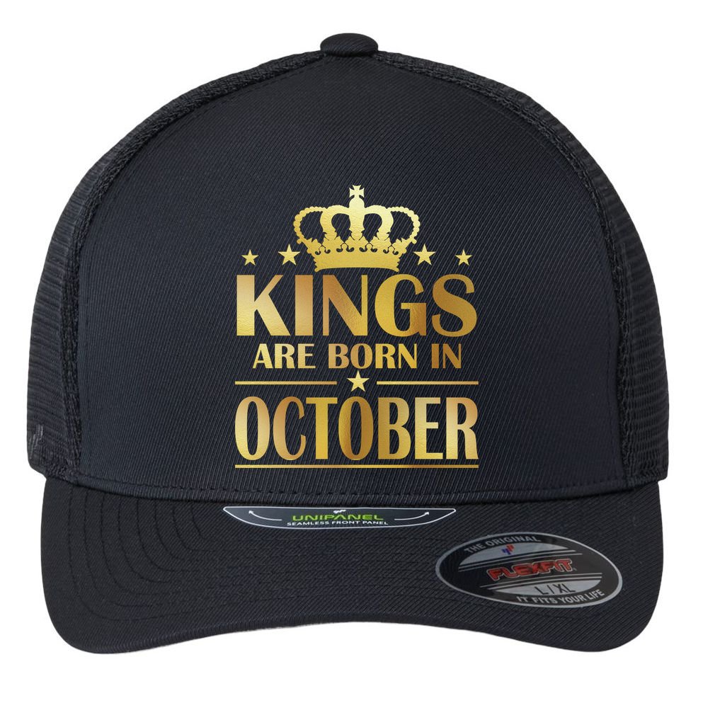 Limited Edition Kings Are Born in October Gold Print Flexfit Unipanel Trucker Cap