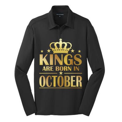 Limited Edition Kings Are Born in October Gold Print Silk Touch Performance Long Sleeve Polo