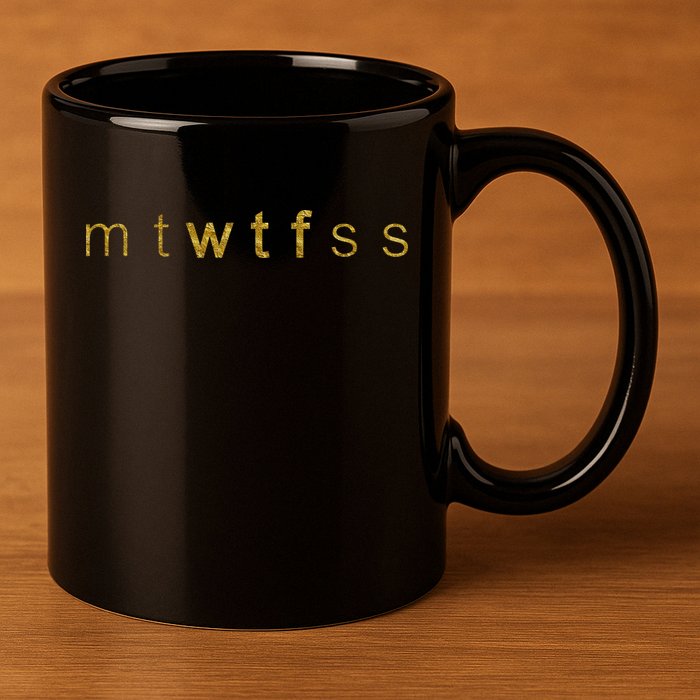 Limited Edition mtWTFss Days of the Week WTF Gold Print 11oz C Handle Ceramic Mug