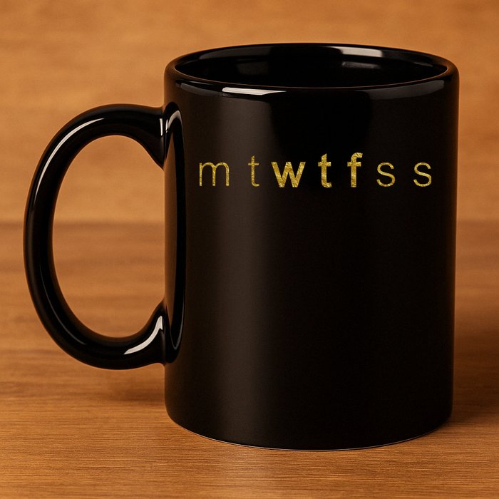 Limited Edition mtWTFss Days of the Week WTF Gold Print 11oz C Handle Ceramic Mug